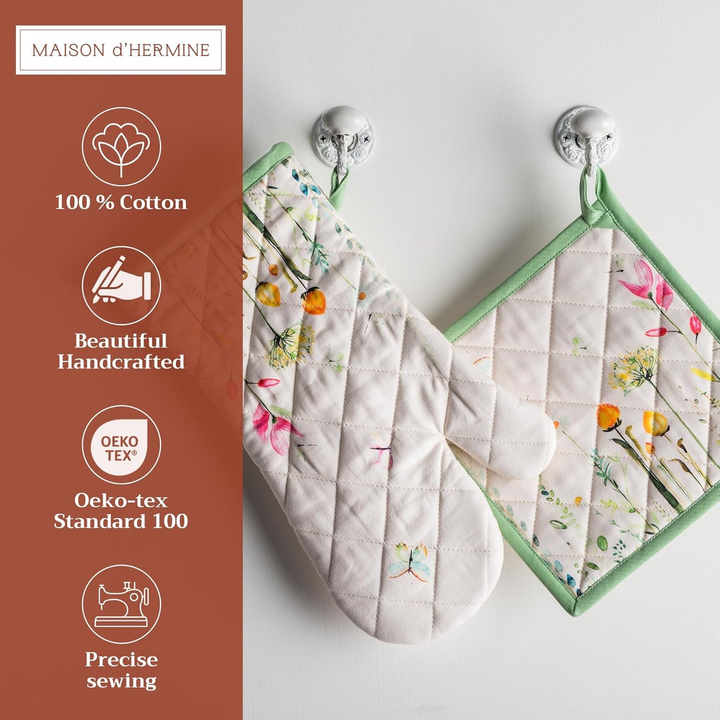 Maison d' Hermine 100% Cotton Oven Mitt & Pot Holder Set (7.5"x13" & 8"x8") Heat Resistant BBQ Cooking Gloves with Loop, Baking, Grilling, Kitchen, Handling Hot Pans Spring/Summer (Botanical Fresh)
