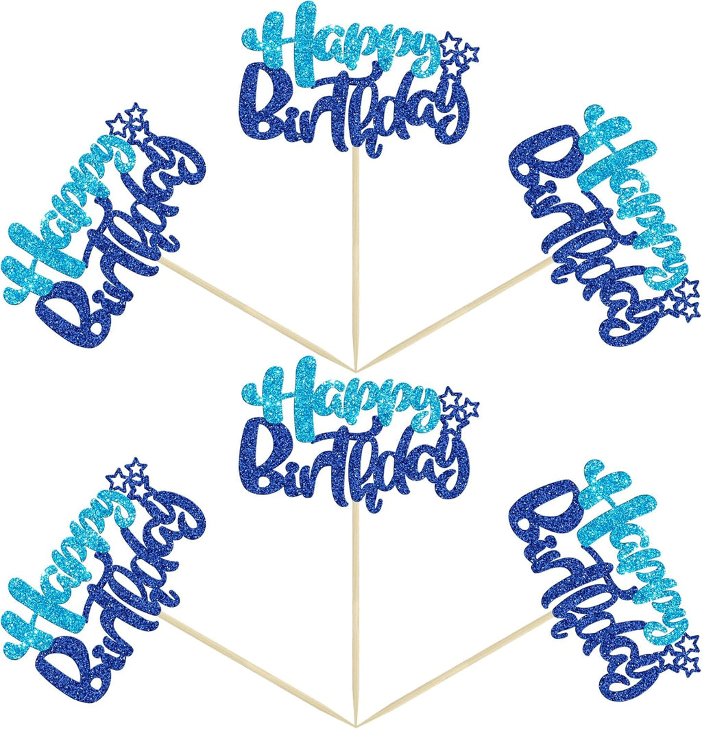 Ephlyn 24Pcs Happy Birthday Cupcake Toppers Double Layer Glitter Happy Birthday Cake Decorations for Baby Shower Theme Kids Boys Girls Birthday Anniversary Party Decorations Supplies Blue