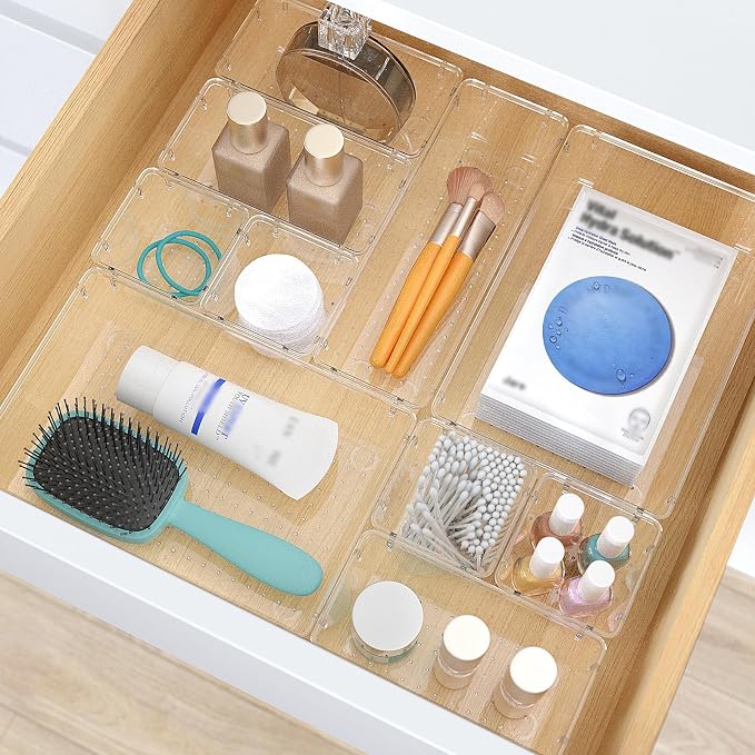 StorMiracle 7 PCS Clear Plastic Drawer Organizers Set, 4 Size Desk Drawer - Image 5