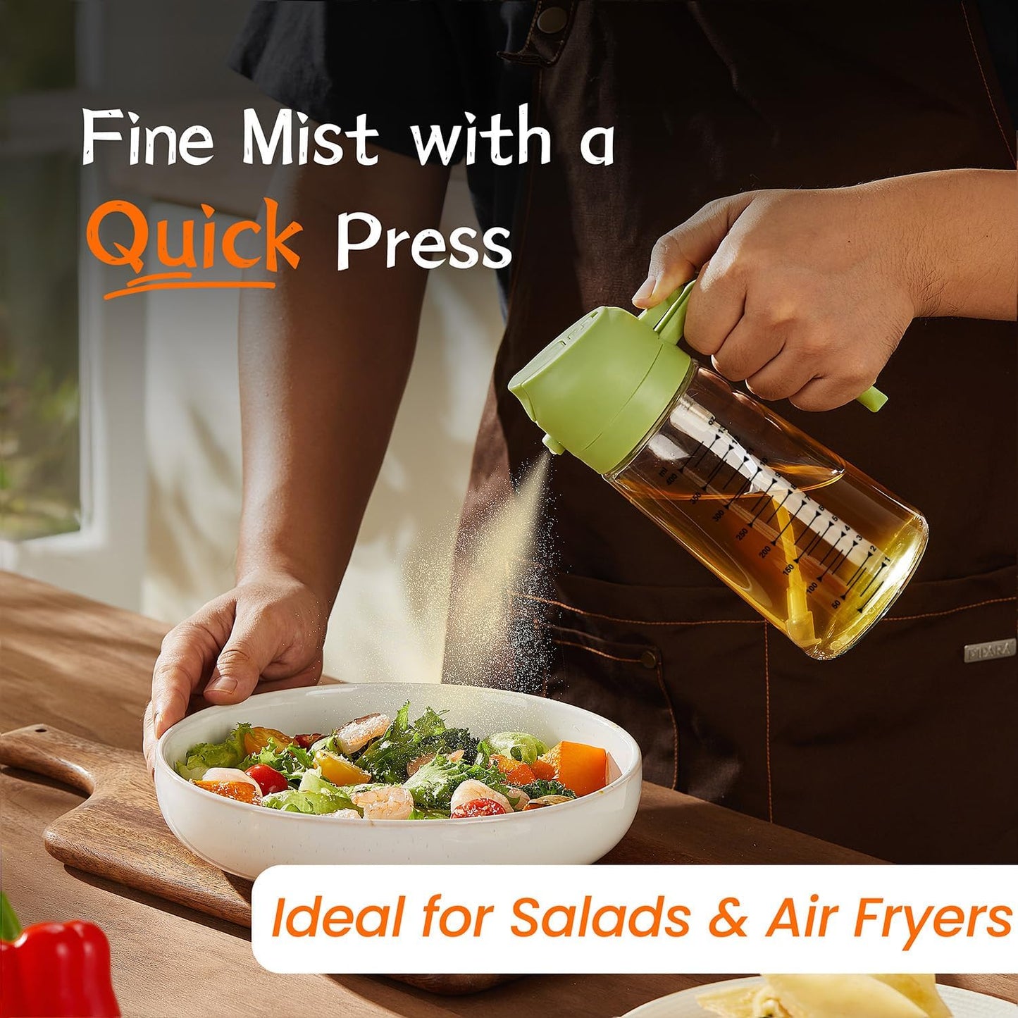 TrendPlain 16oz/470ml Glass Olive Oil Sprayer for Cooking – 2 in 1 Olive Oil Dispenser Bottle for Kitchen Gadgets and Air Fryer Accessories, Salad, BBQ - Green