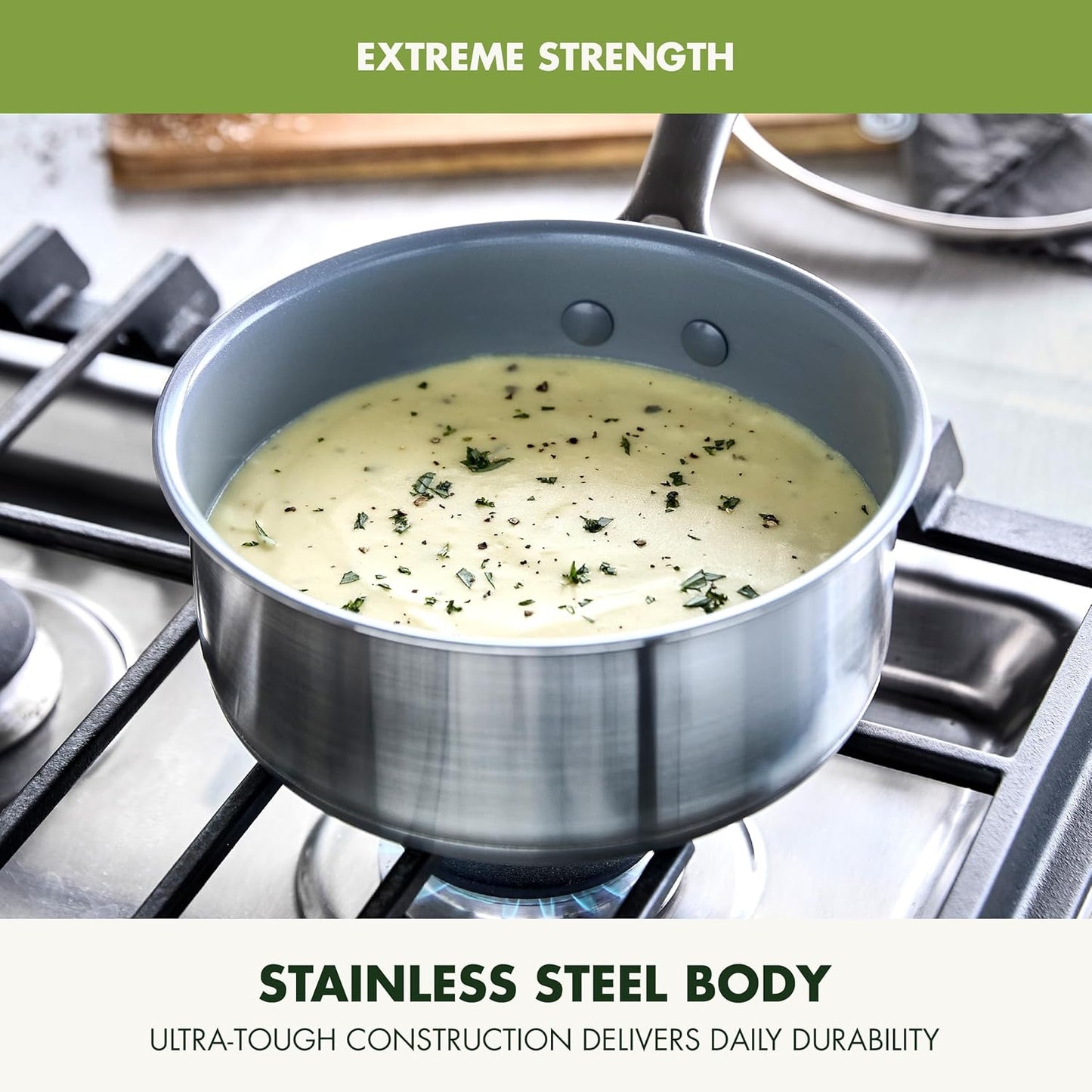 GreenPan Stainless Steel Treviso 2.1QT Saucepan with Lid, Healthy Ceramic Nonstick, PFOA-Free PFAS-Free, Induction, Dishwasher Safe, Oven Safe, Even Heating, Silver