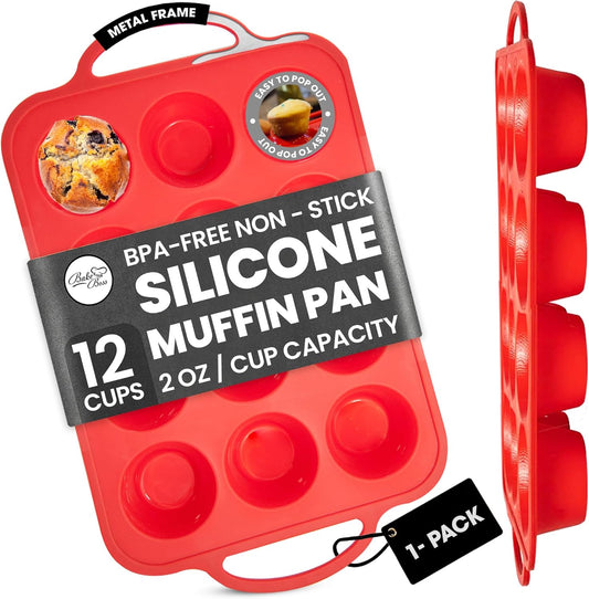 Silicone Muffin Pan With Handles, 12 Cups Cupcake Pan, Silicone Muffin Cups For Baking, Eggs & Cupcakes, Non-Stick Cupcake Molds Dishwasher Safe & BPA Free - Red Color