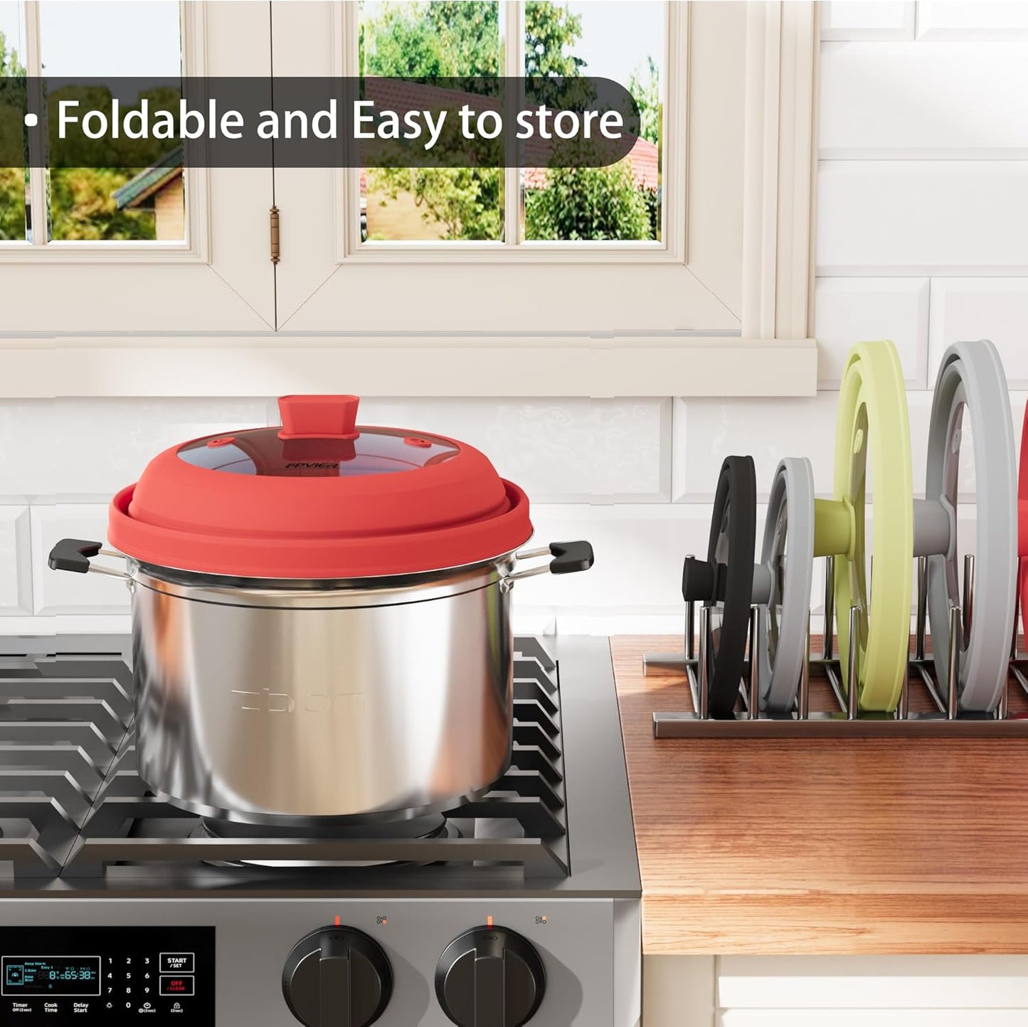 Microwave Splatter Cover, Vented Silicone and Glass Cover Splatter Guard Lid, Food Collapsible Plate Cover Lid with Easy Grip Handle. (Red, 9 inch)