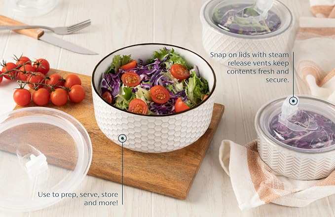 KooK Serving Bowls, with Lids, Ceramic Nesting Bowls, Microwave and Dishwasher - Image 4