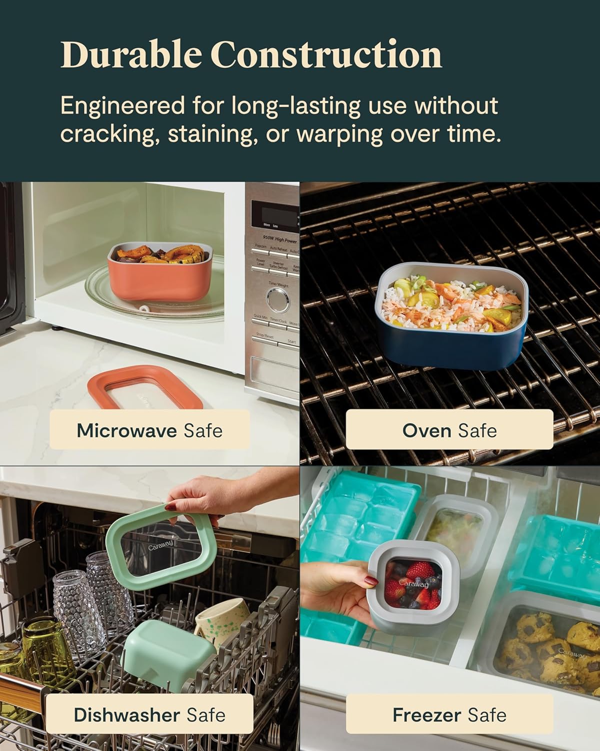 Caraway 6pc Glass Food Storage Set – 4.4 Cup Food Containers (6) - Ceramic Coated - Non Toxic, Non Stick with Lids - Microwave Safe - Cream