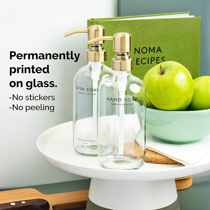 Vine Creations Clear Glass Soap Dispenser Set, Dish Soap and Hand Soap - Image 3