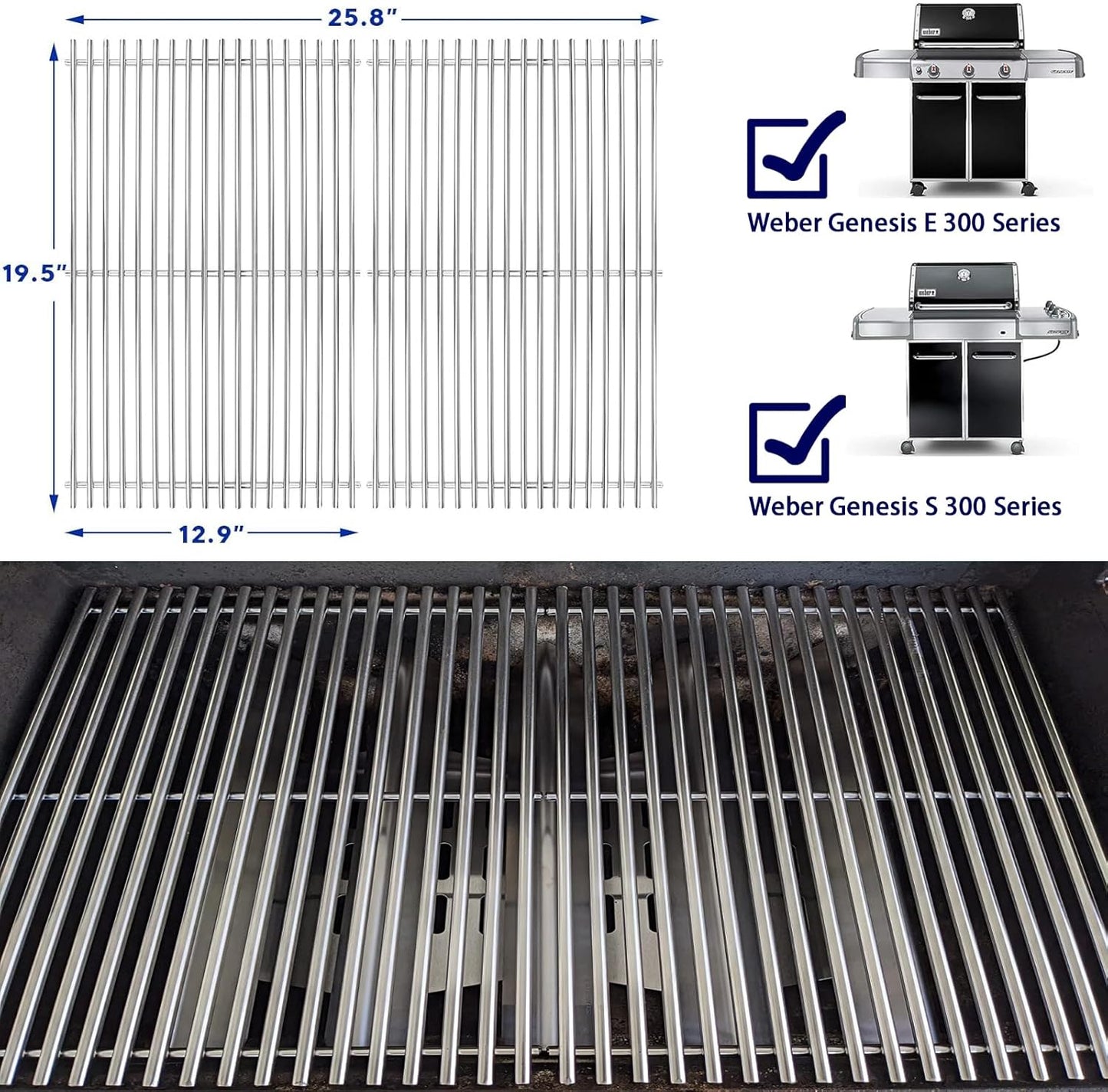 Genesis Grill Grates for Weber Genesis 300 Series, Cooking Grates Grill Parts for Weber Genesis E310 E320 E330 S310 S320 S330, 19.5" Steel BBQ Grids Replacement for Weber 7528/7524 Cast Iron Grate