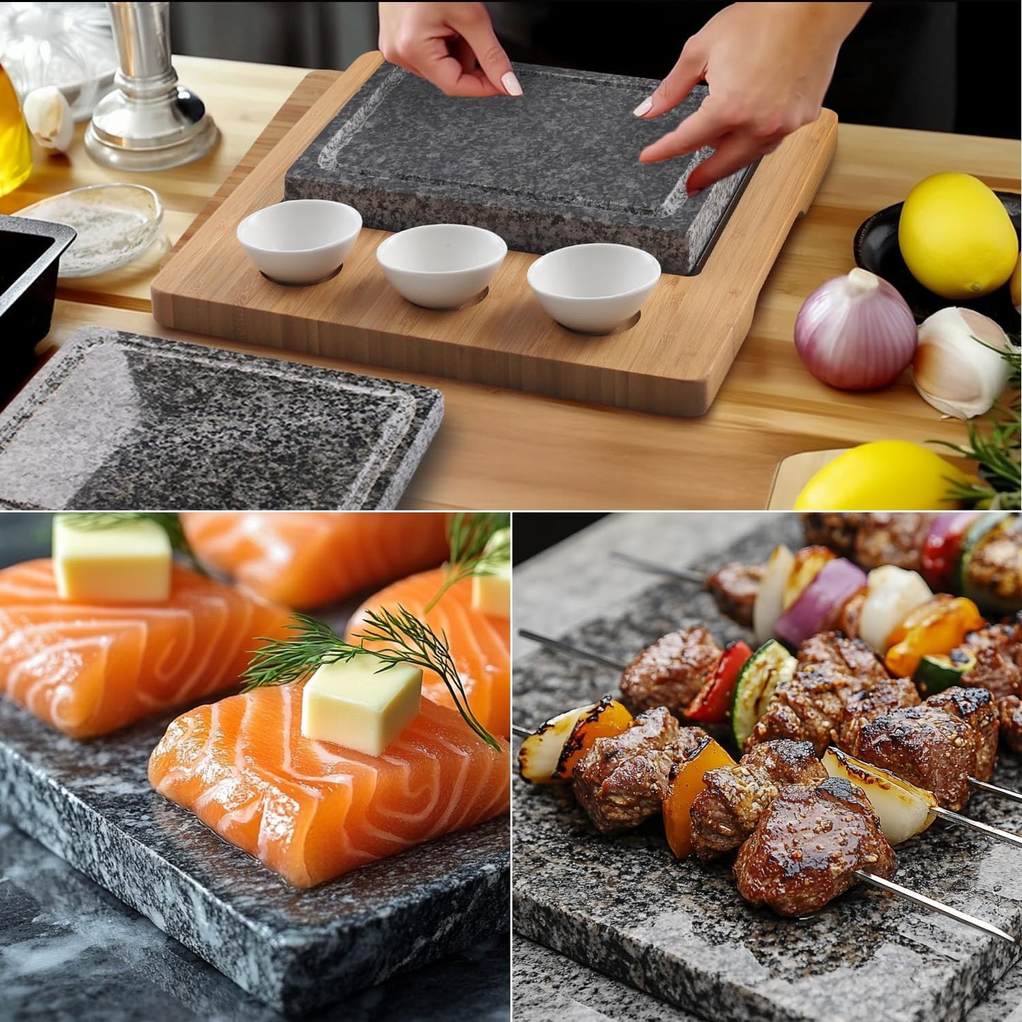 Artestia Professional Steak Stone Grill Set - 2pcs Natural Granite Cooking Stones for Indoor & Outdoor BBQ Hibachi - Heat-Resistant Stones (2 Granite Stone+1 Bamboo Tray+3 Sauce Bowls)