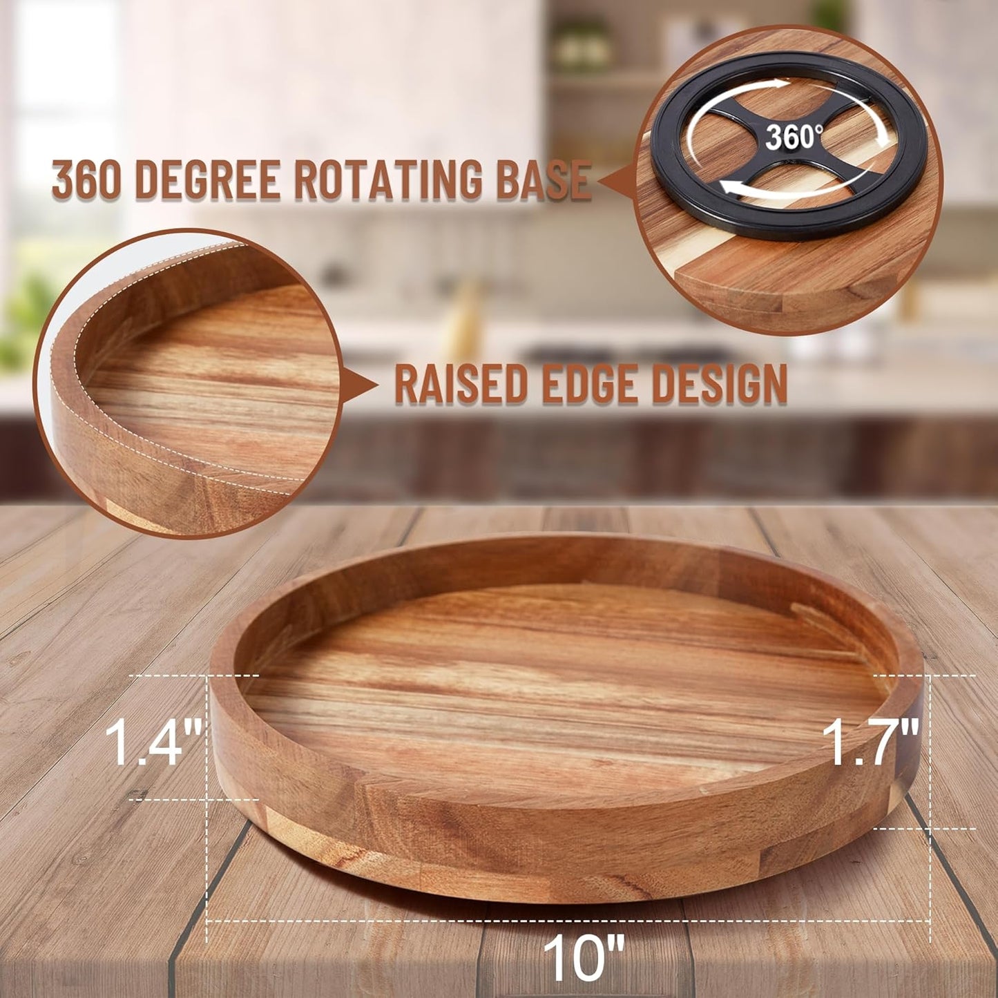10 Inch Acacia Wood Lazy Susan Organizer for Cabinet, Lazy Susan Turntable for Countertop Table Pantry, Kitchen Turntable Storege