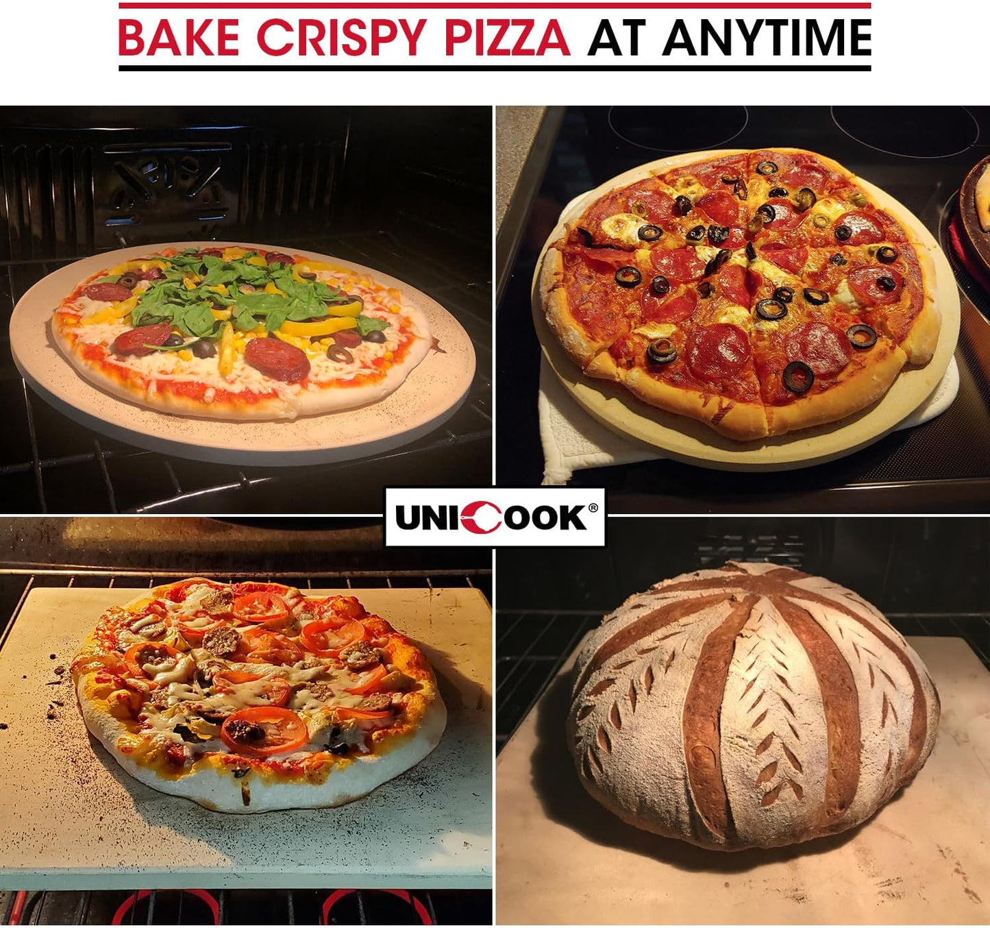 Unicook Pizza Stone for Oven and Grill, 12 inch Square Bread Baking Stone, Cordierite Baking Pan, Thermal Shock Resistant, Making Crispy Crust Pizzas, Bread, Cookie and More