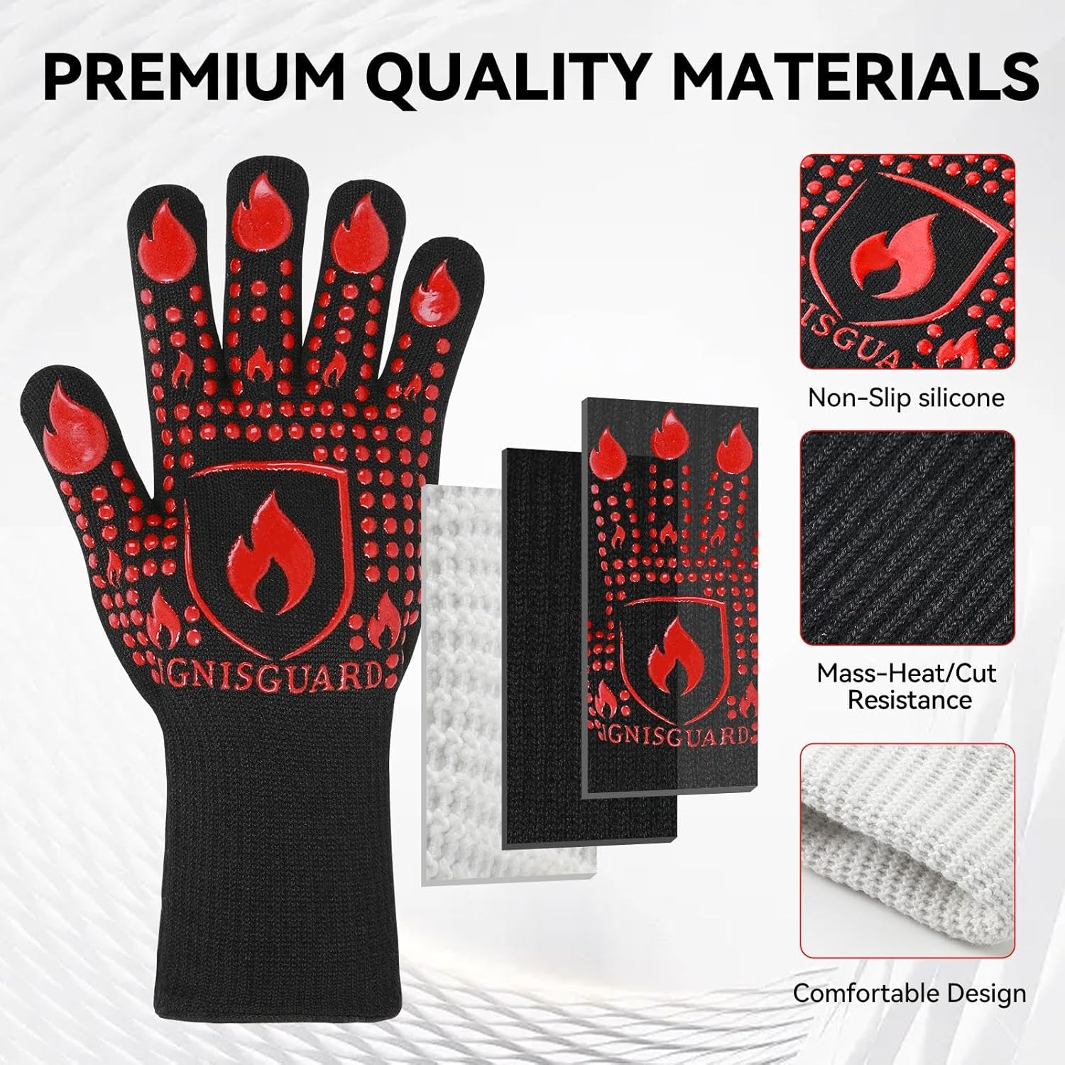 BBQ & Grill Gloves, Oven Gloves, 1472°F Silicone Oven Mitts Heat Resistant Grilling Gloves Fireproof Non-Slip for Barbecue Cooking Baking Smoking, 1-Pair Red（L）