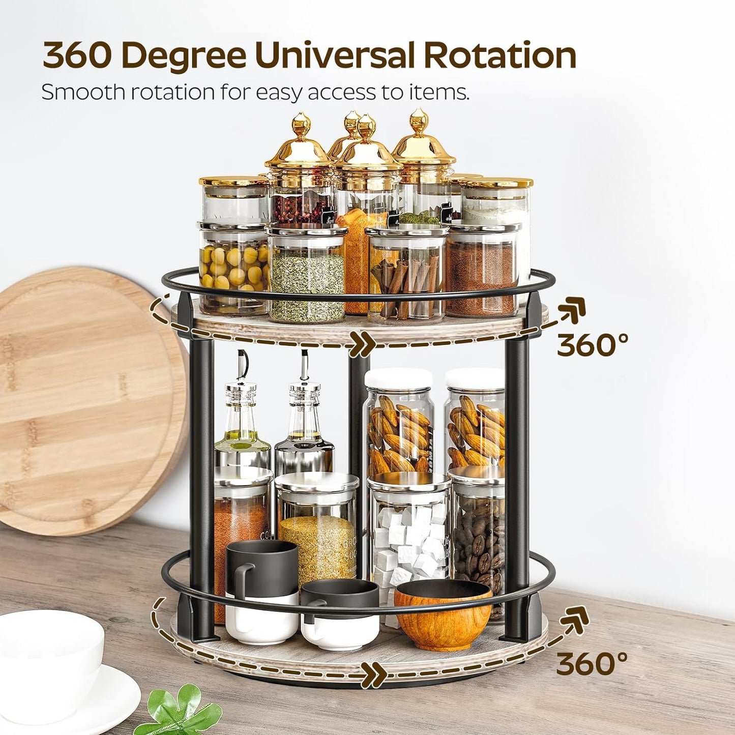 Lazy Susan Organizer, Rotating Spice Rack, 2 Tier Spice Turntable Organizer, Industrial Turntable Spice Holder, for Kitchen Countertop and Cabinet, Compact and Versatile, Greige SR22BG