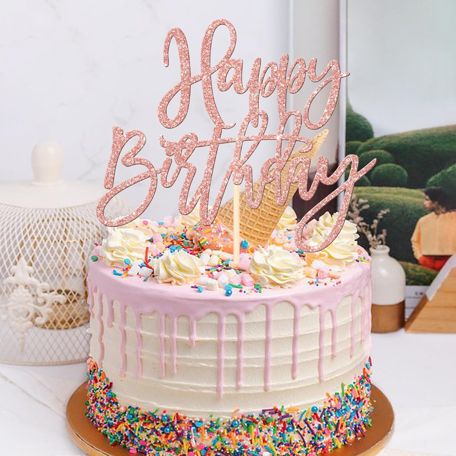 ZHUOWEISM 1 PCS Happy Birthday Cake Topper Glitter Happy Birthday Cake Pick for Celebrating Happy Birthday Anniversary Theme Party Cake Decorations Supplies Rose Gold