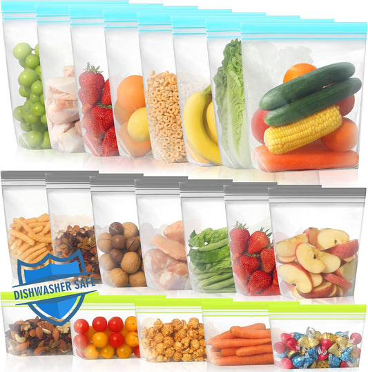 Lerine 20 Pack Reusable Freezer Bags Dishwasher Microwave Safe, Stand Up Silicone and BPA Free Reusable Sandwich Bags, Leakproof Food Storage Bags for Meal Prep - 8 Gallon 7 Sandwich 5 Snack