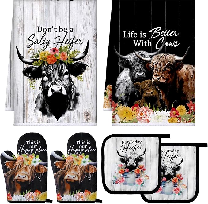 Bencailor 6 Pcs Cattle Kitchen Towels Oven Mitts and Pot Holders Set Decorative by Bencailor