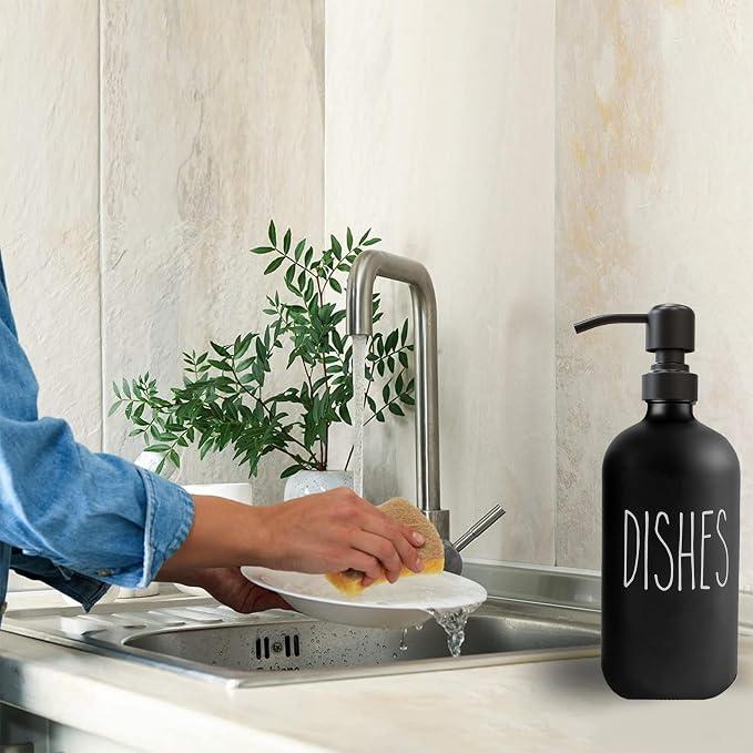 Sunrise Premium 16 OZ Thick Black Glass Soap Dispenser, Matte Black Stainless - Image 4