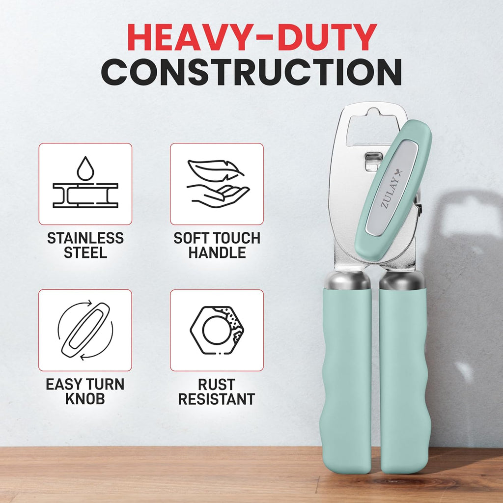 Zulay Kitchen Heavy Duty Stainless Steel Can Opener Manual with Bottle Opener - Rust Proof Manual Can Opener With Turn Knob & Comfy Soft Grip Handles - Mint