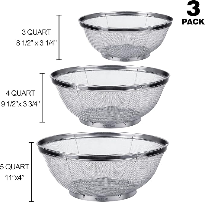 3 Pack Strainers for Kitchen, 18/8 Stainless Steel Colander, Fine Mesh Strainer - Image 3