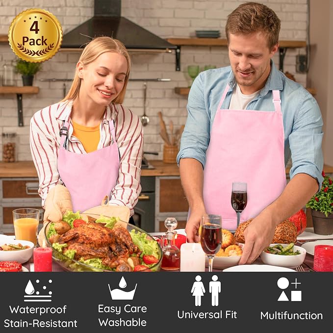 4 Packs Chef Apron with 2 Pockets, Waterproof Adjustable Apron - Image 2