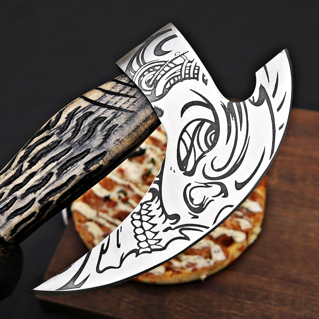 MR. CRAFT Pizza Cutter Axe Rocker Carbon Steel Slicer Chef Pizza Cutter Viking Axe with Leather Cover - Premium Pizza Oven Accessories Ulu Rocking Pizza Gift Gifts for Men (King Skull)