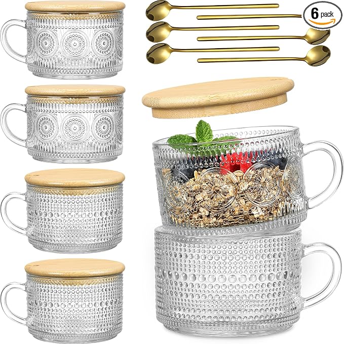 LANDNEOO 6 Pack 14oz Vintage Glass Coffee Mugs by MakeLifeBetterEasier