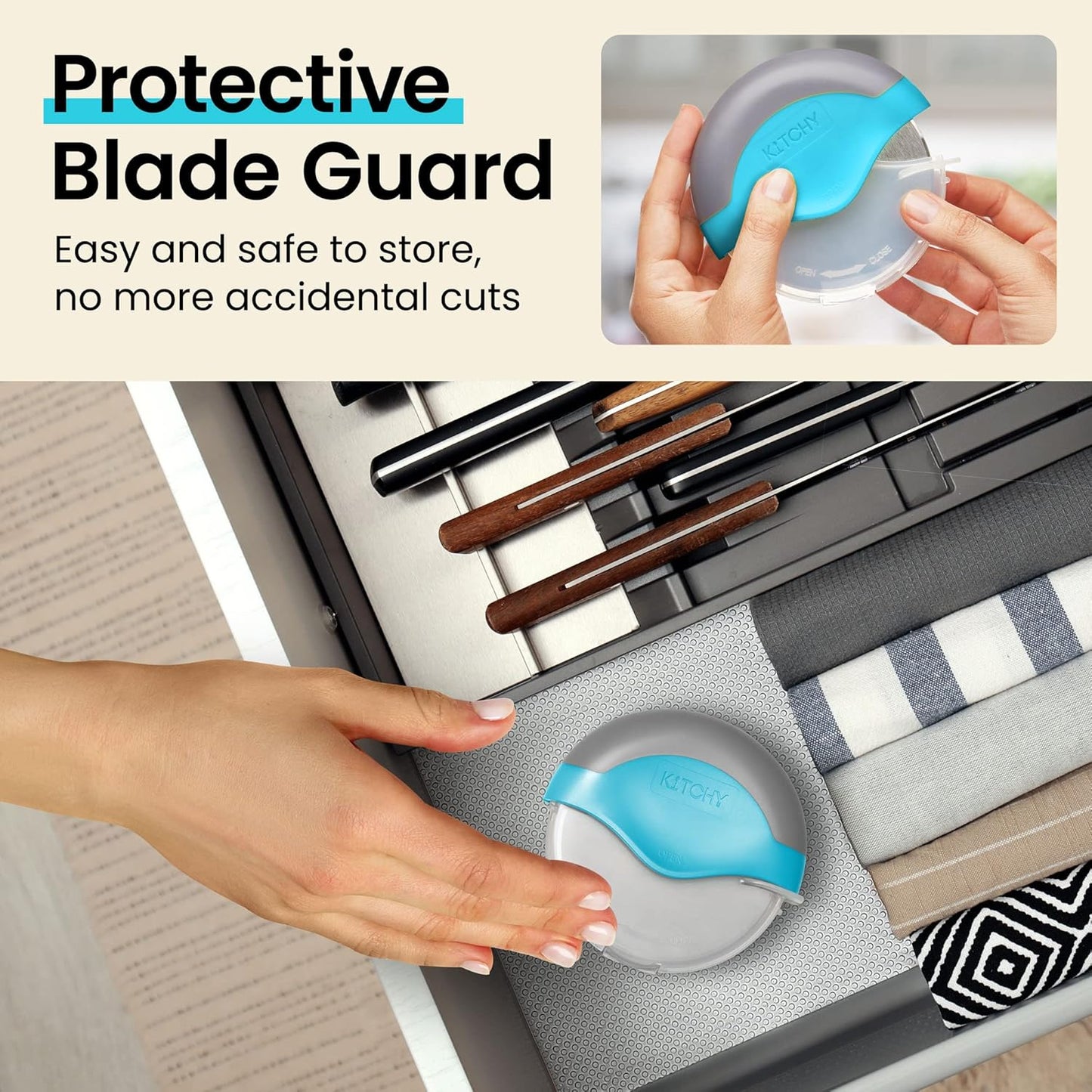 Kitchy Pizza Cutter Wheel with Protective Blade Cover, Ergonomic Pizza Slicer (Blue)