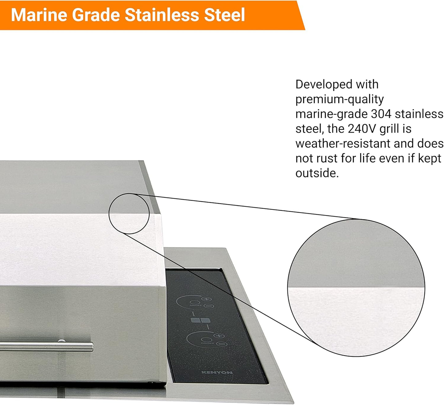 Kenyon Texan Built-In Electric Grill for Stone Counter, Standard Lite-Touch, Stainless Steel Grill with Split Lid for Indoor and Outdoor Use, 2 Burners, Quick Heat Up, Dishwasher Safe Grate, 240V