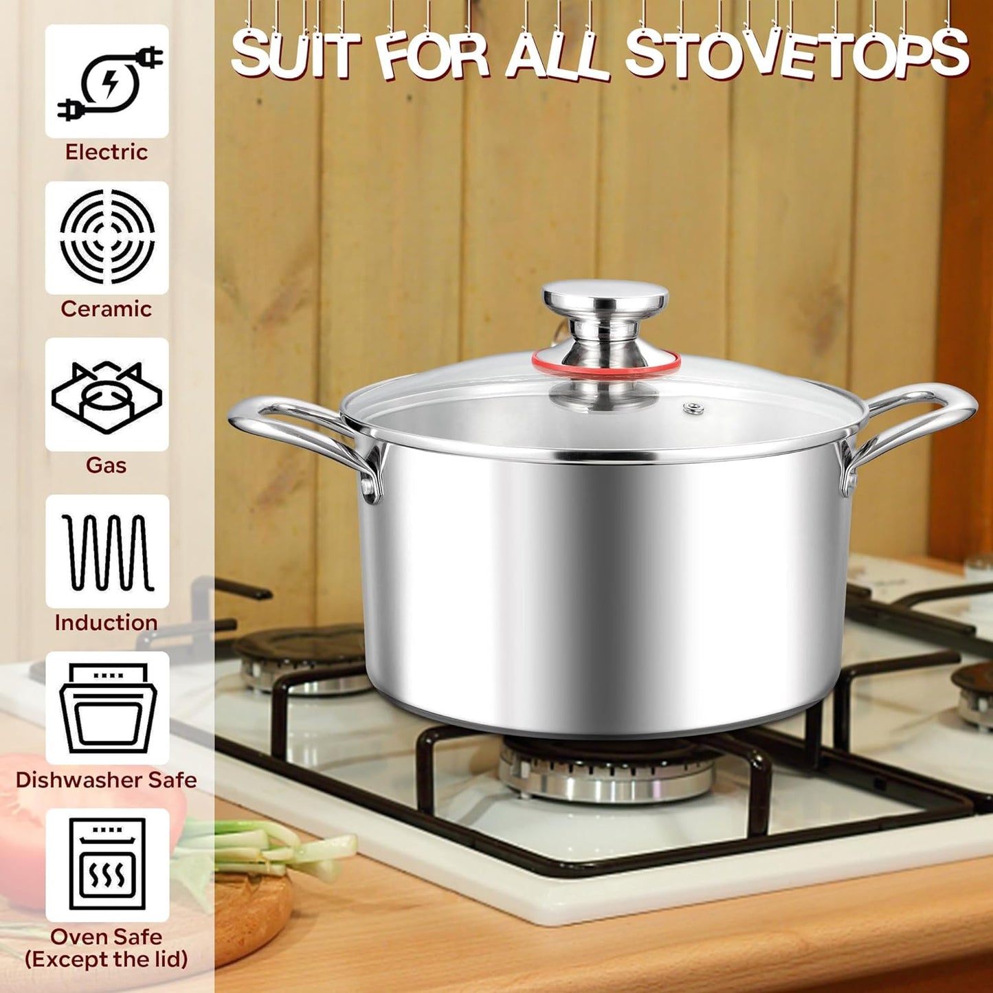 E-far 8 Quart Stock Pot with Lid, 18/10 Tri-ply Stainless Steel Stockpot for Induction Ceramic Gas Stoves, Heavy Duty Cooking Pot for Pasta Soup Stewing Simmering, Oven and Dishwasher Safe