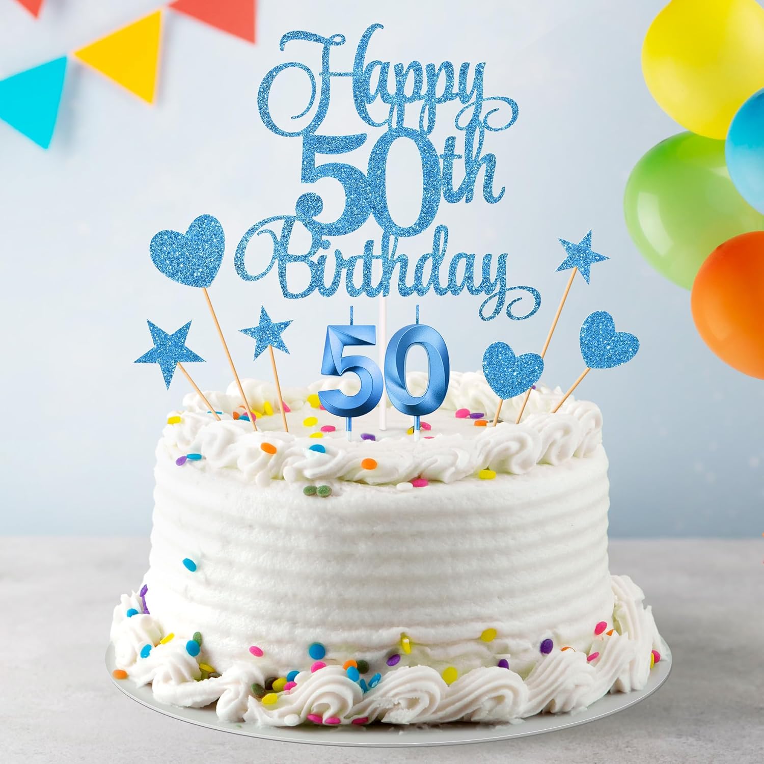 50th Birthday Cake Decorations, 50th Birthday Candles Cake Numeral Candles and Glitter Happy 50th Birthday Cake Toppers Set for Birthday Party Supplies (Blue)