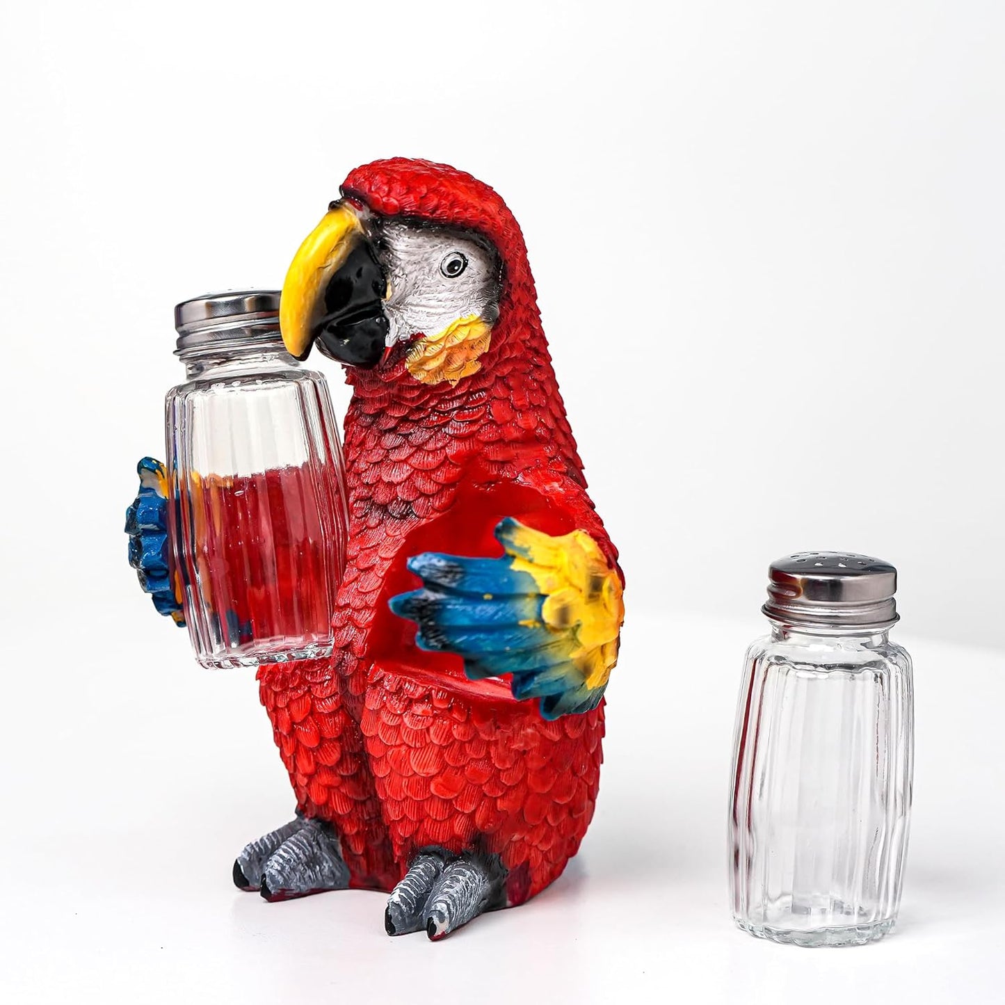 Farmhouse Style Spice Dispenser Shaker Holder - Salt And Pepper Dispenser with Resin Parrot Figurine And Statues Holder - Kitchen DéCor with Glass Spice Jars