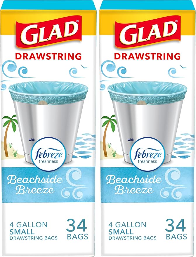 Glad Odorshield Small Drawstring Trash Bags, 4 Gal, Febreze Beachside Breeze by GladTrashFoodStorage