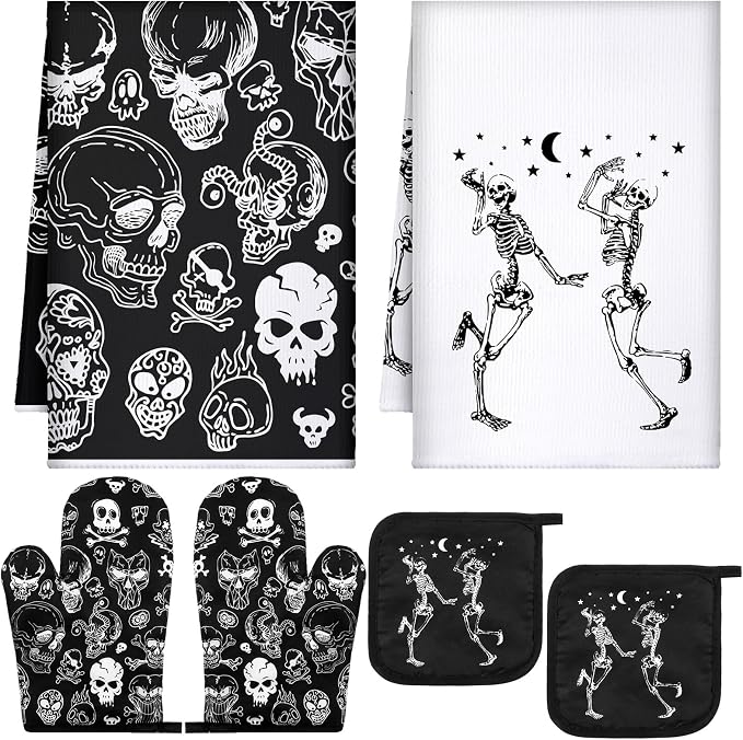 Leinuosen 6 Pcs Skull Kitchen Decor Set Kitchen Towels Gothic Oven Mitts and by Leinuosen
