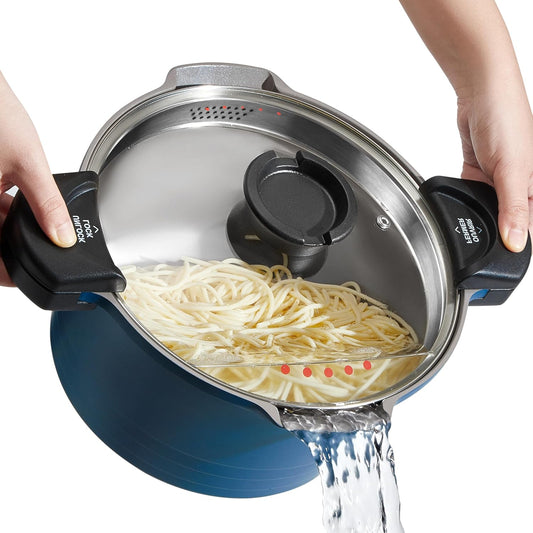 ACTIV CUISINE 5qt Pasta Pot with Strainer Lid, Cast Aluminum Stockpot Multipot, Nonstick Ceramic Coating make Cleanup easy with Tempered Glass Lid, Dishwasher Safe, Induction, Blue