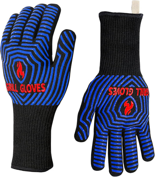 QUWIN BBQ Gloves, Oven Gloves 1472℉ Extreme Heat Resistant, Grilling Gloves Silicone Non-Slip Oven Mitts, Kitchen Gloves for BBQ, Grilling, Cooking, Baking-1 Pair… (Black Blue, One SizeLong Cuff