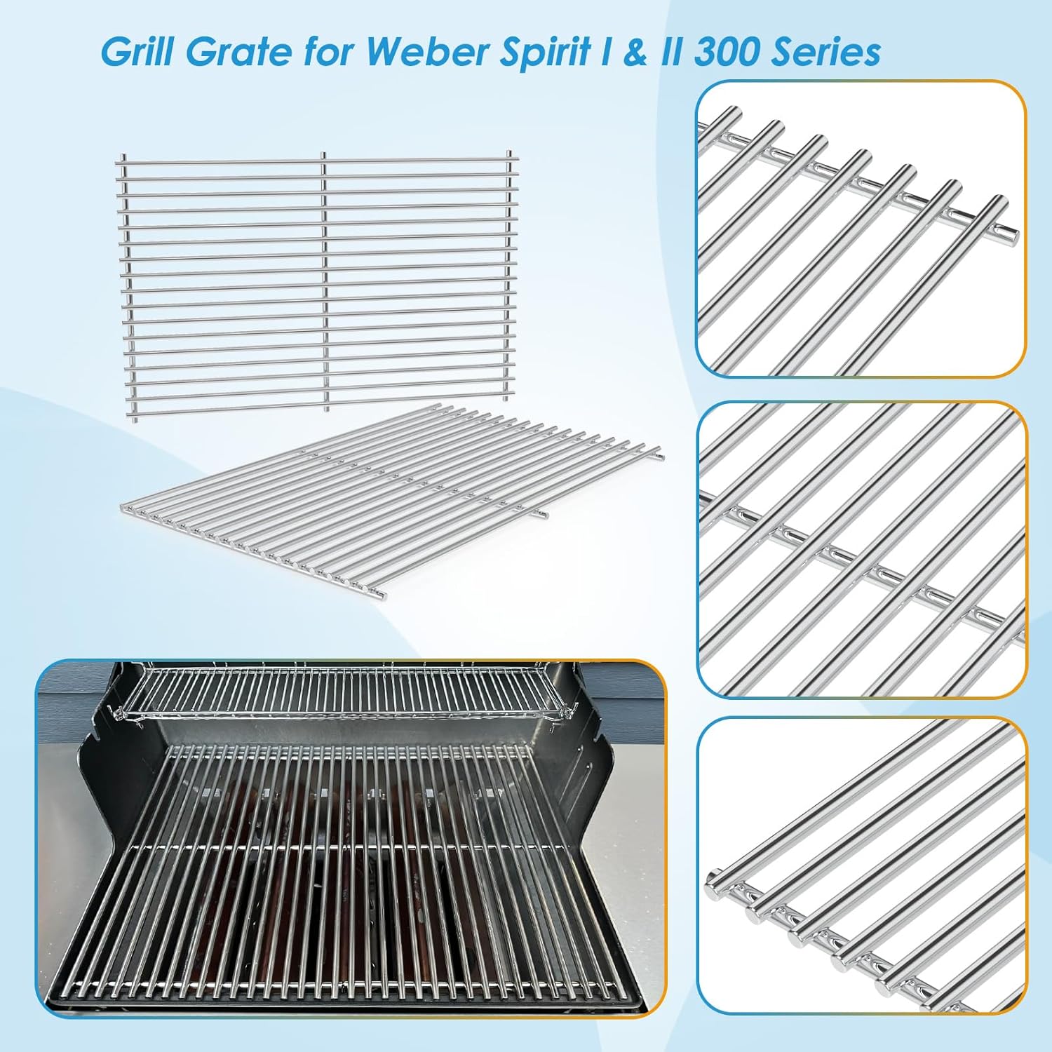 7639 17.5" Grill Grates Replacement for Weber GS4 Spirit II 300 Series, for Weber Spirit 300 Grill Grates, Genesis Silver/Gold/Platinum B/C, Genesis 1000-5000 for Weber Grill Grates