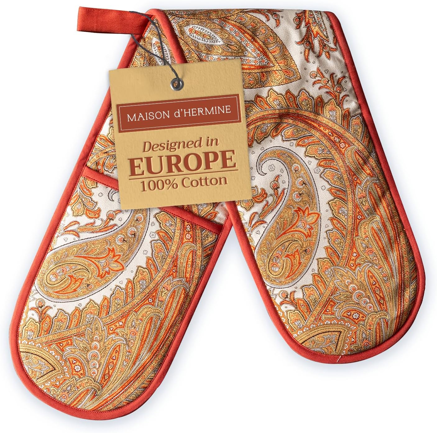 Maison d' Hermine Double Oven Mitts 100% Cotton 7"x35" Double Oven Mitt Heat Resistant BBQ Cooking Gloves with Loop, Baking, Grilling, Home, Kitchen, Handling Hot Pans (Kashmir Paisley)