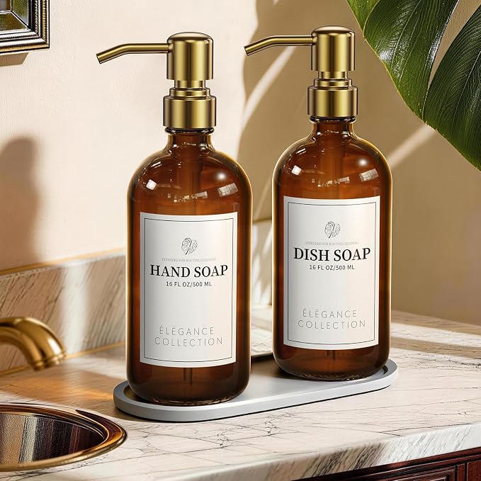 Amber Glass Soap Dispenser Set of 2, 16oz Hand and Dish Soap Dispenser by FachixyUS