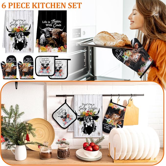Bencailor 6 Pcs Cattle Kitchen Towels Oven Mitts and Pot Holders Set Decorative - Image 2