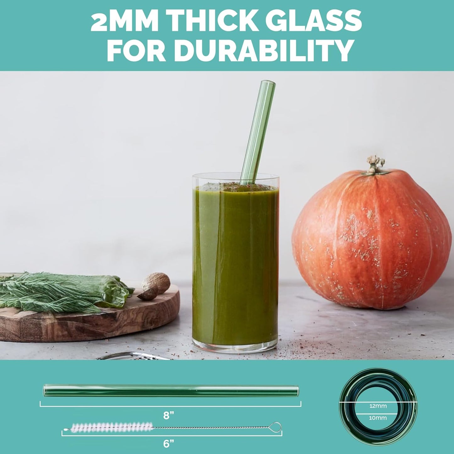 Simply Straws 8 Inch Wide Glass Straws (6-Pack) - 12mm Reusable Boba Straws for Milkshakes & Smoothies, with Cleaning Brush - Dishwasher Safe, Hot & Cold Use, BPA-Free (Iridium)