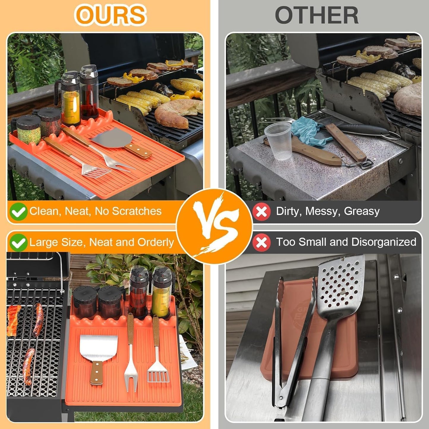 Griddle Mat Compatible with Blackstone, Silicone Grill Tools with Drip Pad, Spatula Mat for Outdoor Grill, Side Shelf Pad (Orange-2Pcs)