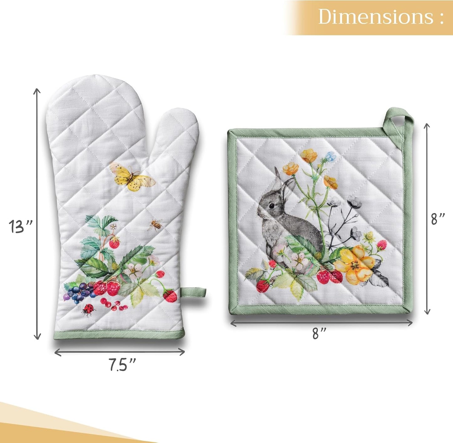 Maison d' Hermine 100% Cotton Oven Mitt & Pot Holder Set (7.5"x13" & 8"x8") Heat Resistant BBQ Cooking Gloves with Loop, Baking, Grilling, Kitchen, Handling Hot Pans Spring/Summer (Printemps)