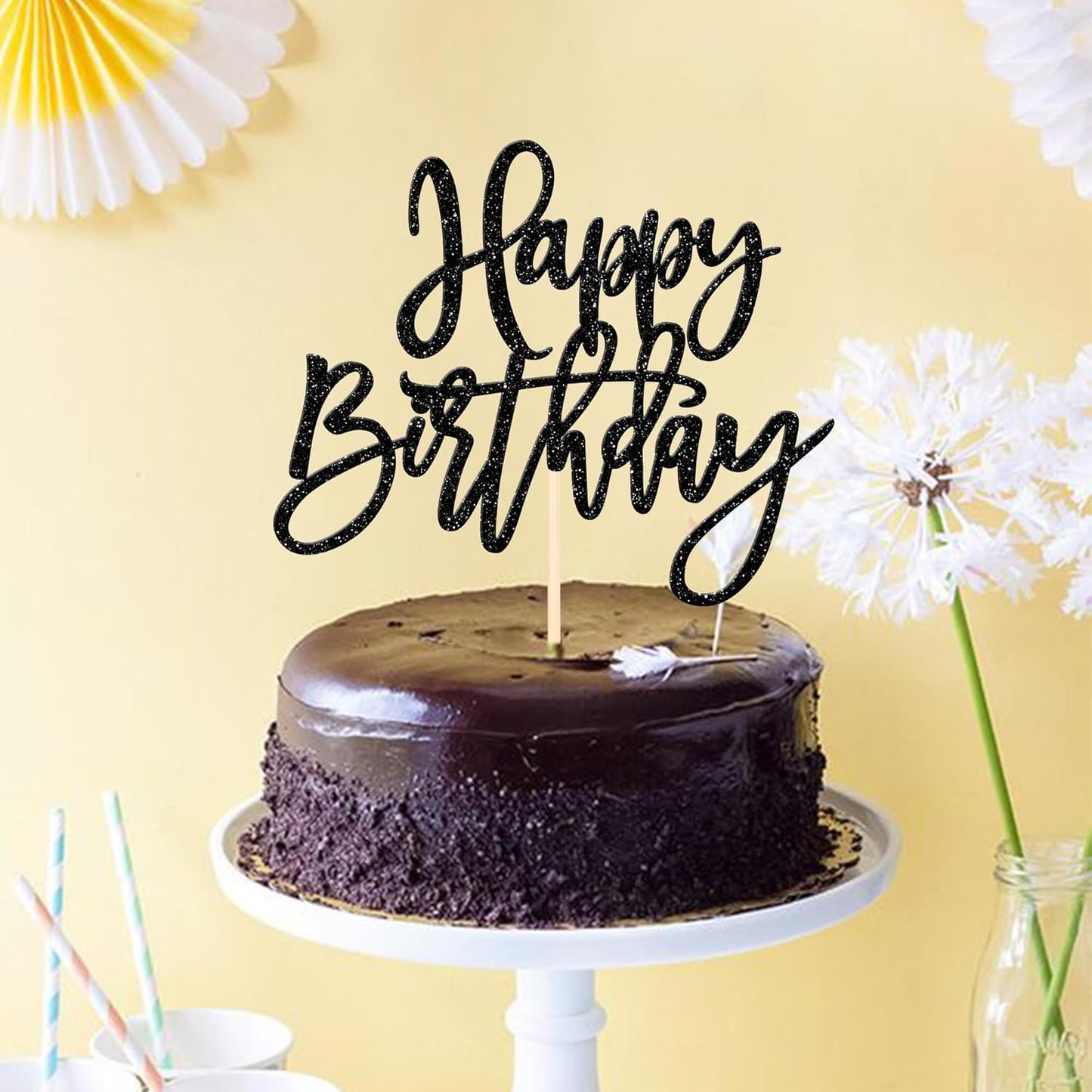 ZHUOWEISM 1 PCS Happy Birthday Cake Topper Glitter Happy Birthday Cake Pick for Celebrating Happy Birthday Anniversary Theme Party Cake Decorations Supplies Black