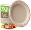 Gezond 150pcs Compostable Paper Plates 9 Inch Disposable Plates Unbleached Heavy Duty Eco-friendly Sugarcane Fiber Biodegradable Plate for Party Picnic