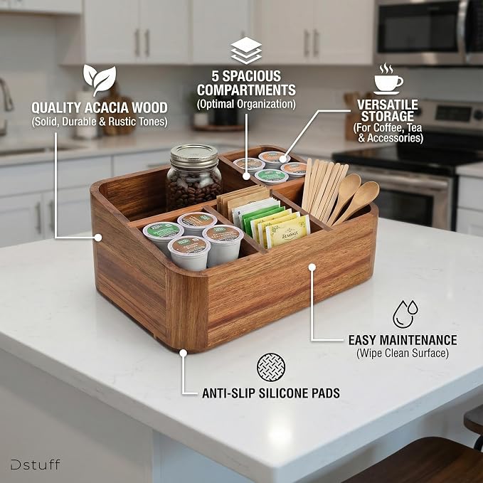 Dstuff Acacia Wood Coffee Station Organizer - Image 3