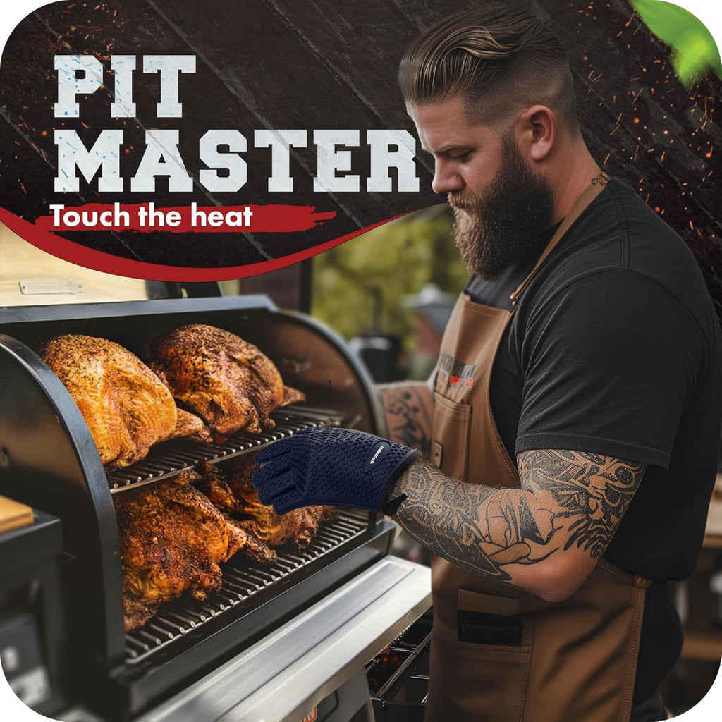 KITCHEN PERFECTION Silicone Smoker Oven Gloves - Extreme Heat Resistant BBQ Gloves - Handle Hot Food Right on Your Smoker Grill Fryer Pit | Waterproof Oven Mitts | Superior Value Set + 3 Bonuses