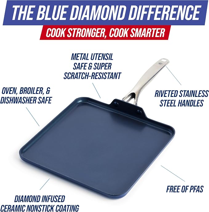 Blue Diamond 11" Nonstick Square Griddle Pan, Non Toxic PFAS-Free Diamond - Image 4