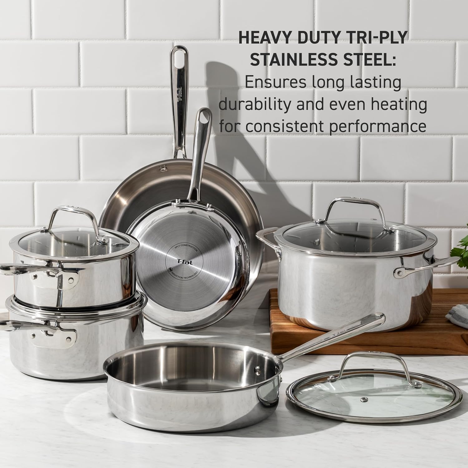 T-fal Pro Tri-Ply Stainless Steel Cookware, 3 Piece Frypan Set, 8 inch, 10 inch, and 12 inch, Silverr