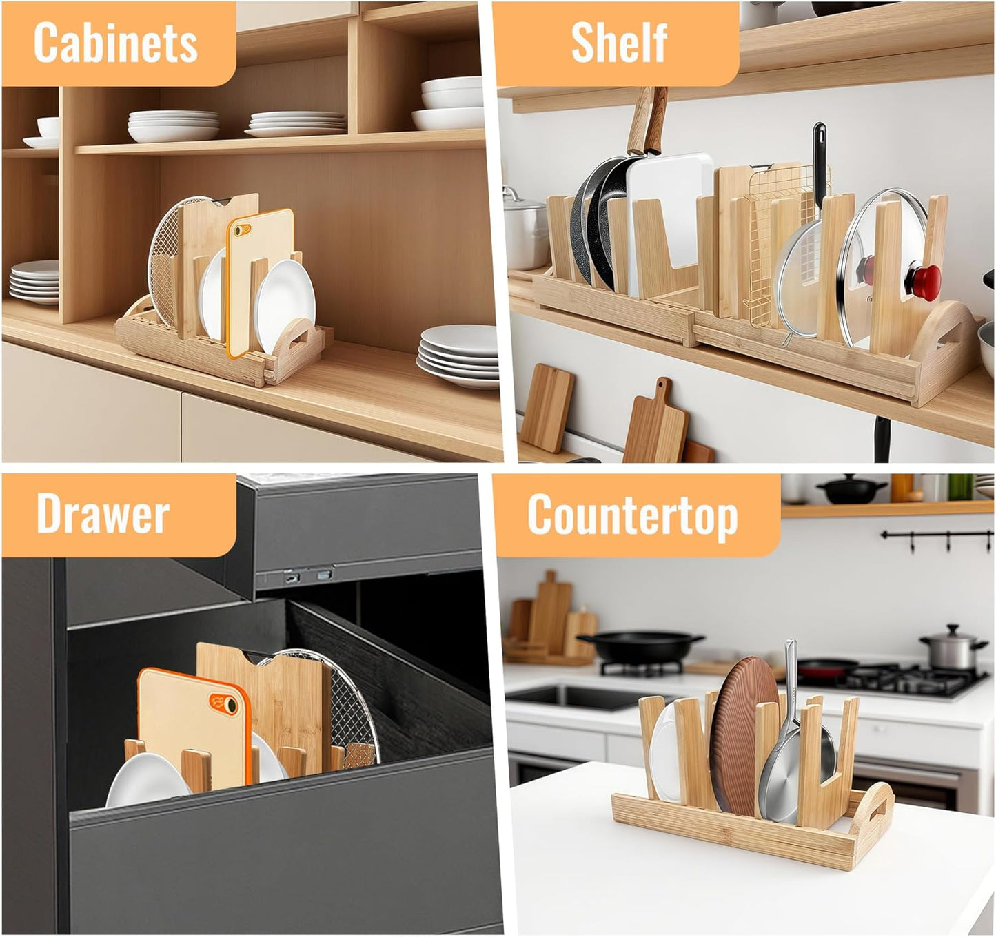 Pots and Pans Organizer Rack for Cabinet, Bamboo Expandable Pot Lid Organizer Holder with 10 Adjustable Compartment, Kitchen Cabinet Organizer for Lids & Bakeware - Pantry & Countertop Storage Rack
