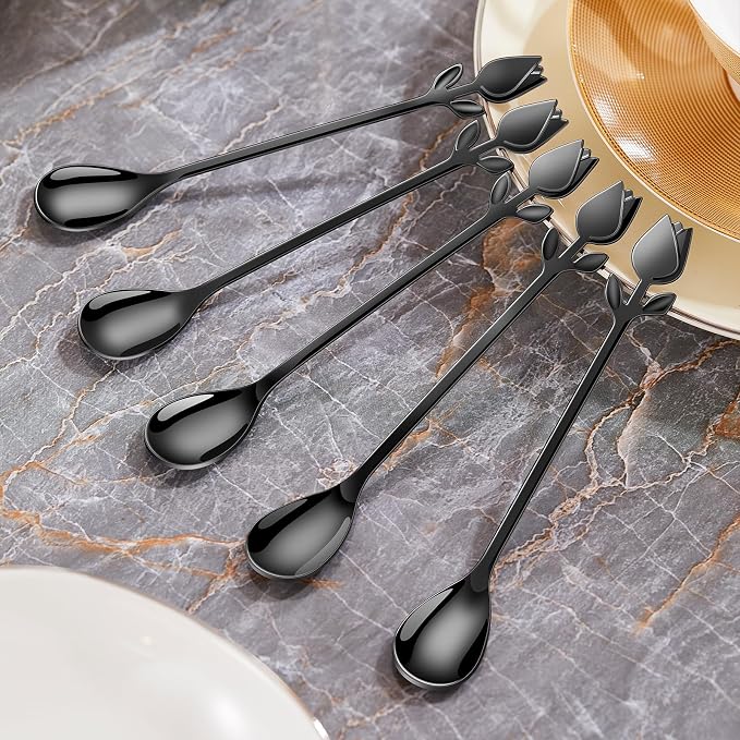 Black Tulip/Rose Handle 12-Pcs Mini Coffee Spoons Set - Image 5