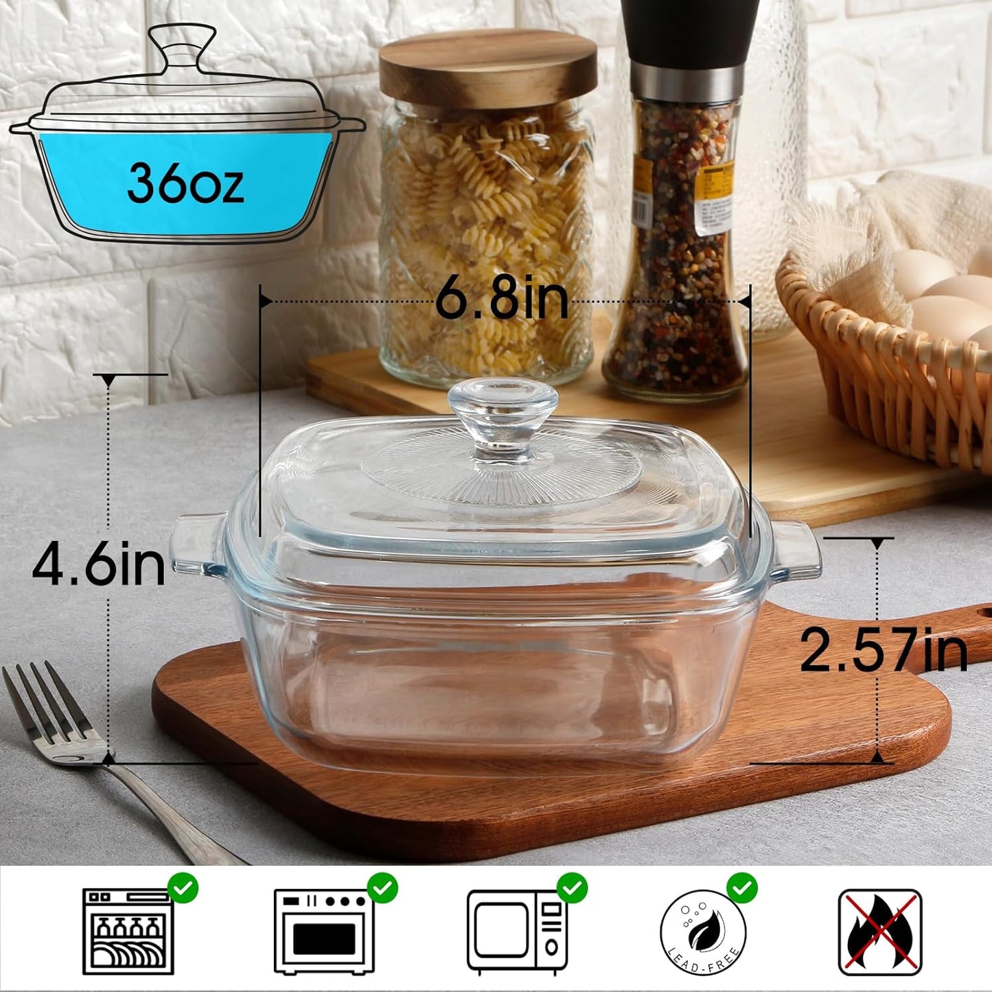 NUTRIUPS Small Glass Casserole Dish with Lid Oven Safe Square Casserole Dish 6.8 Inches Microwave Glass Bowl With Lid Microwavable Cookware (1.2L)